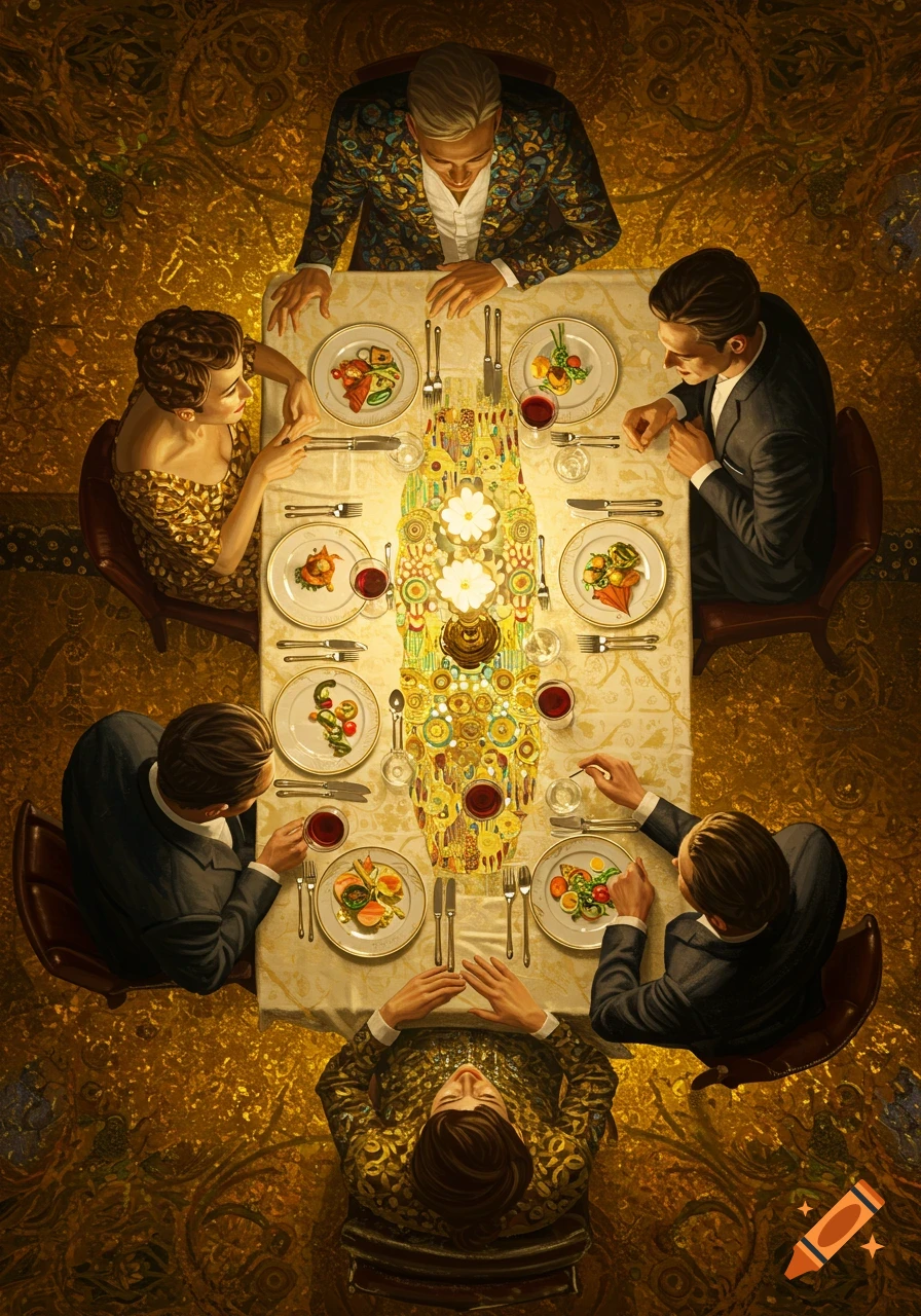 Five people having dinner at an ornate gold table in a highly decorative Klimt-style restaurant, seen from above.