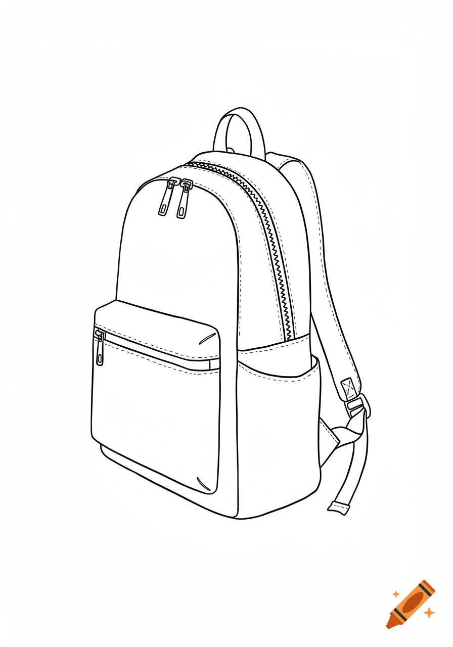 A simple black and white line drawing of a backpack with multiple zippers and side pockets.