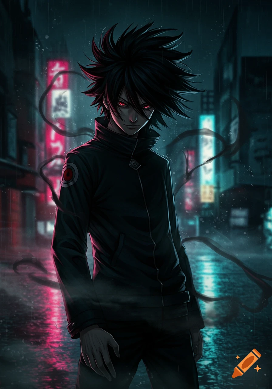 An anime character with spiky black hair and glowing red eyes stands in a rainy city street with neon lights.