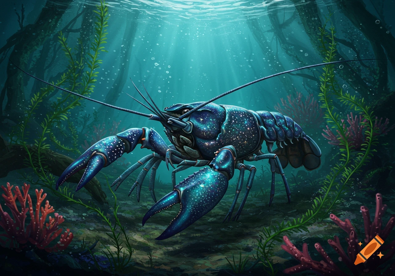 A blue crayfish with a starry shell texture walks on the seabed among green and red aquatic plants, with light filtering from the surface.