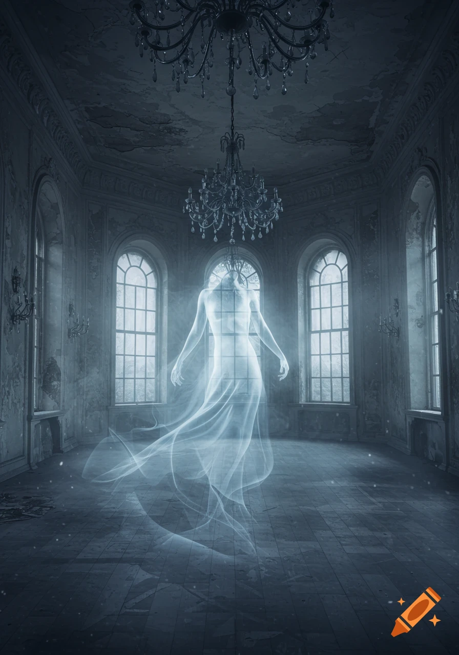 A translucent, ethereal ghost with flowing drapery stands in a dilapidated gothic ballroom with arched windows and chandeliers.