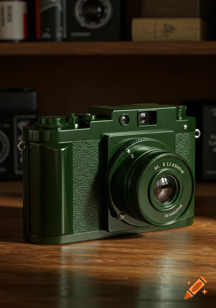 A dark green vintage-style camera with a textured body and lens, resting on a wooden table. Other cameras are blurred in the background.