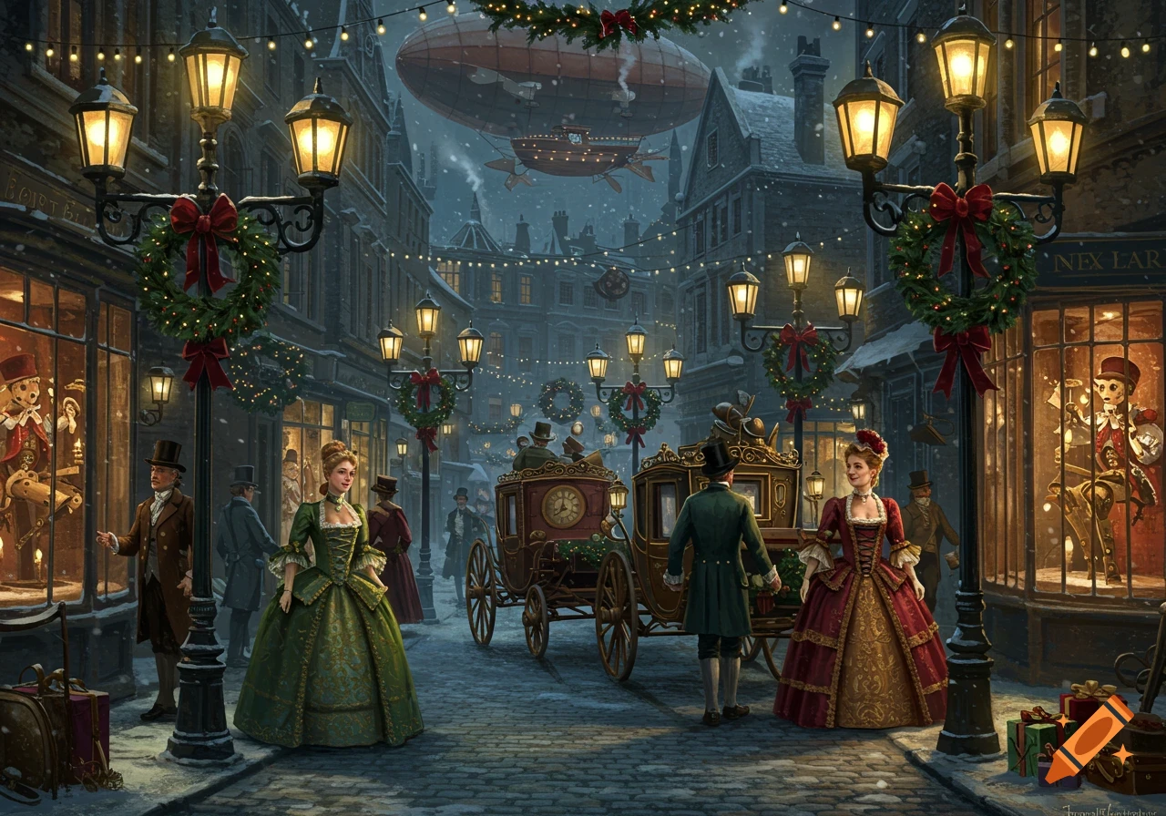 A snowy, festive steampunk city street at night with elegant people, carriages, gas lamps, and airships flying overhead.