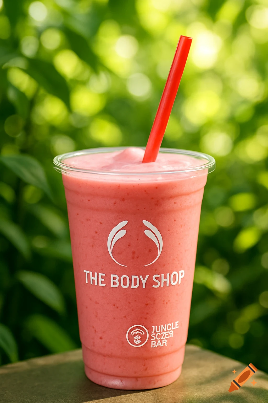 Strawberry smoothie in a clear cup with a red straw and "The Body Shop" and "Jungle SCZE9 Bar" logos, green background.
