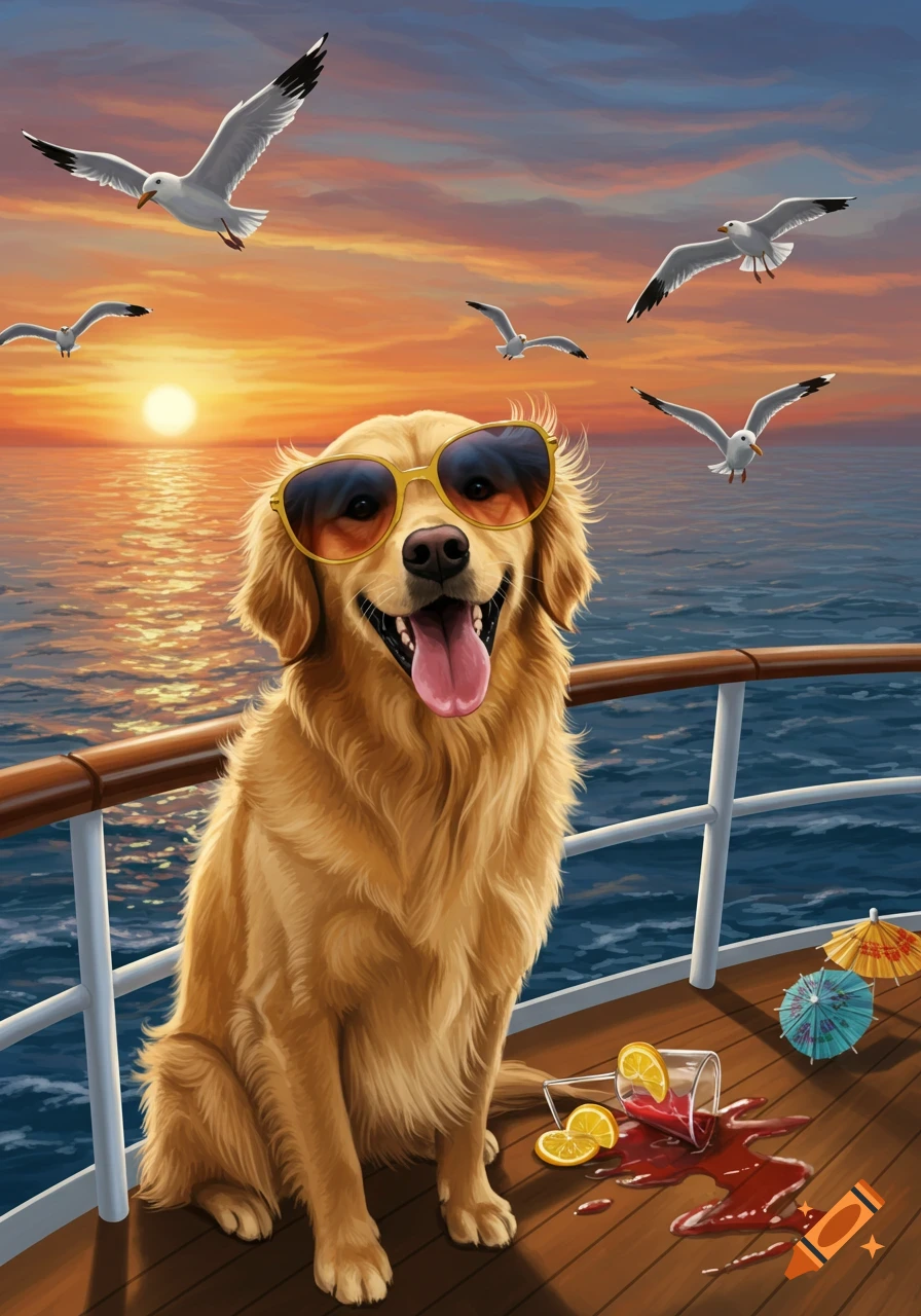 A happy golden retriever wearing sunglasses sits on a boat deck at sunset, with seagulls flying and a spilled red drink.