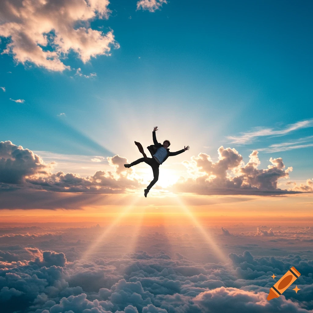 A photorealistic image of a man in a suit falling through the sky above clouds during a bright sunset.