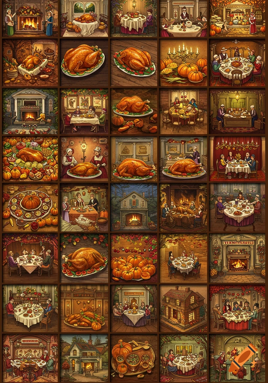 A grid of small, detailed illustrations depicting various Thanksgiving scenes including roasted turkeys, pumpkin decorations, festive dining tables, and fireplaces.