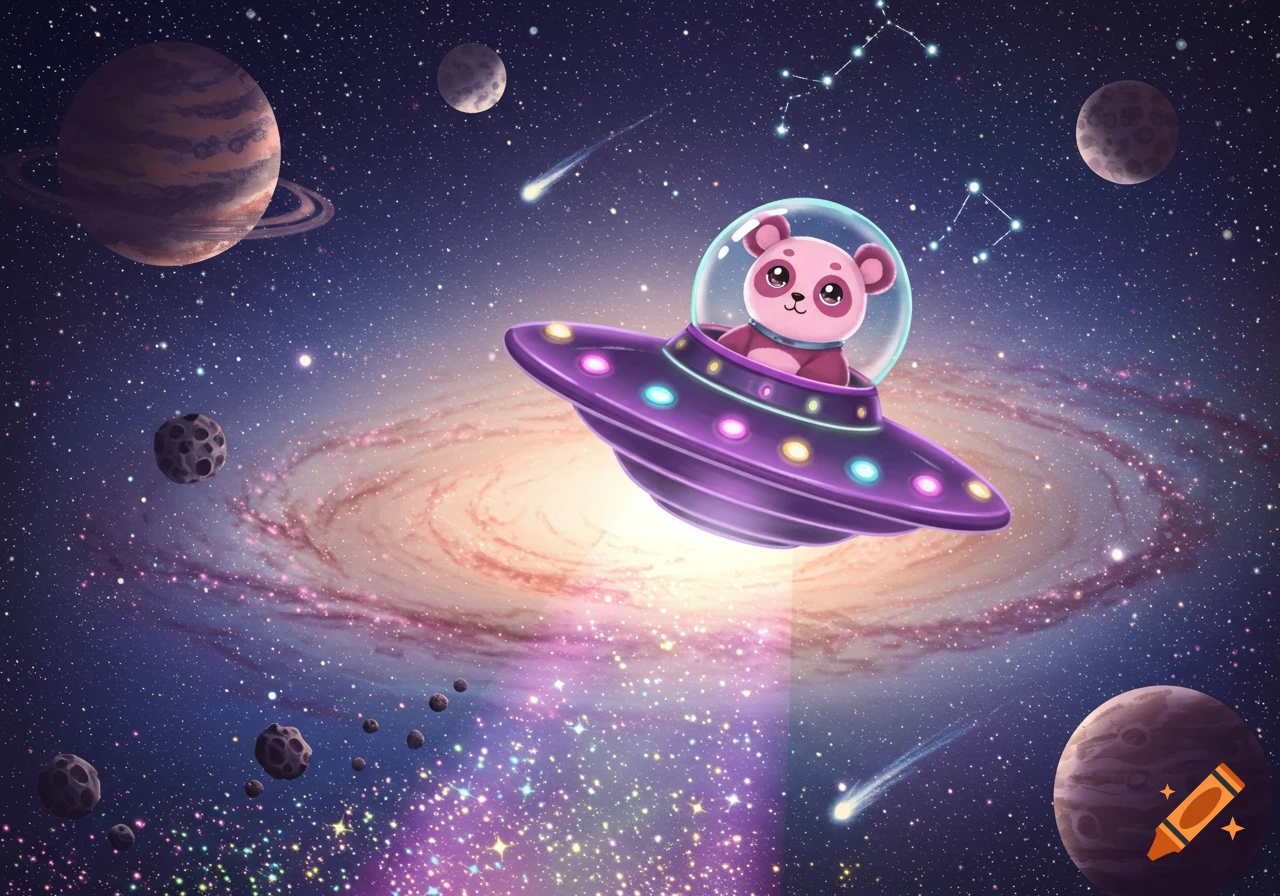 A cute pink panda in a purple UFO flying through a vibrant, starry galaxy with planets and a bright spiral nebula.
