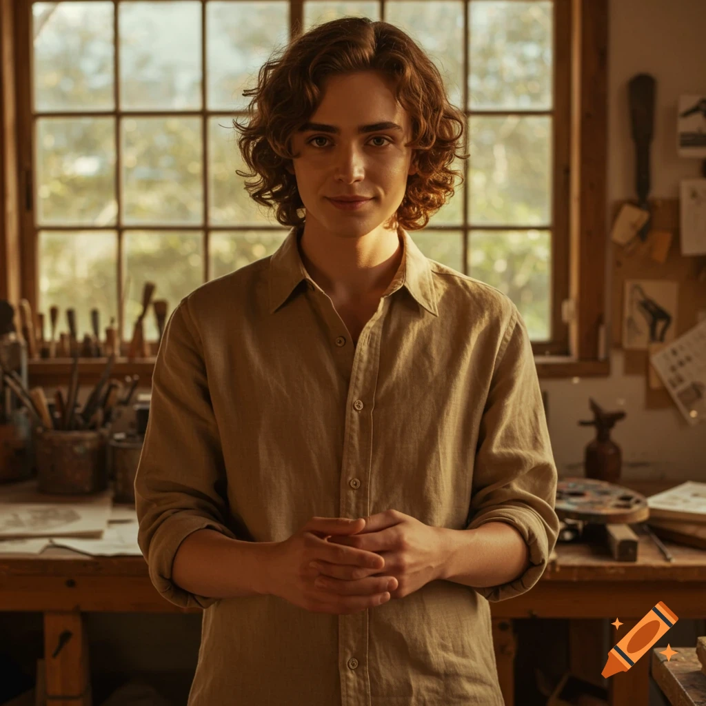 A young person with curly brown hair and a linen shirt stands smiling in a sunlit art studio, hands clasped.