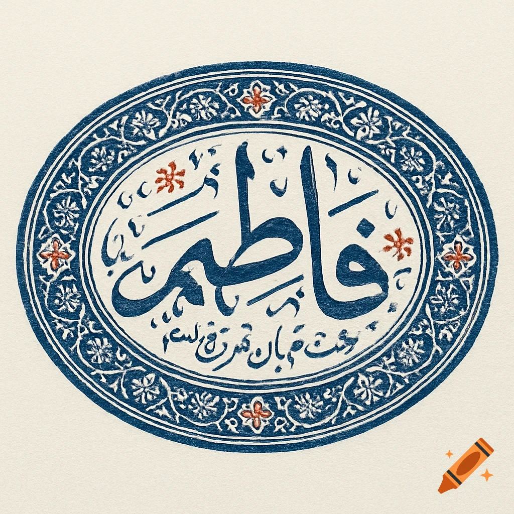 An oval traditional Iranian seal with dark blue Persian calligraphy reading "Fatima" in the center, surrounded by intricate blue Islamic floral and geometric patterns, with small red flowers as accents, on a textured off-white paper.
