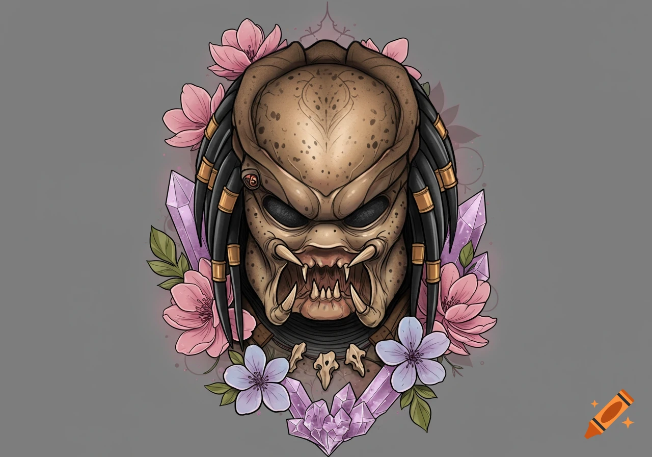 Neo-traditional tattoo design of a Yautja (Predator) head with a mask, surrounded by pink and purple flowers and crystals on a gray background.