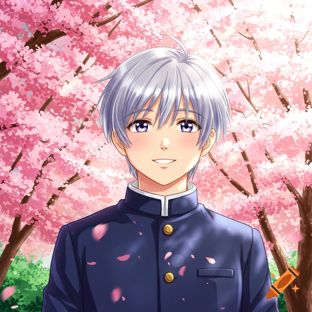 Anime boy with silver hair and purple eyes, smiling in a school uniform amidst pink cherry blossoms.