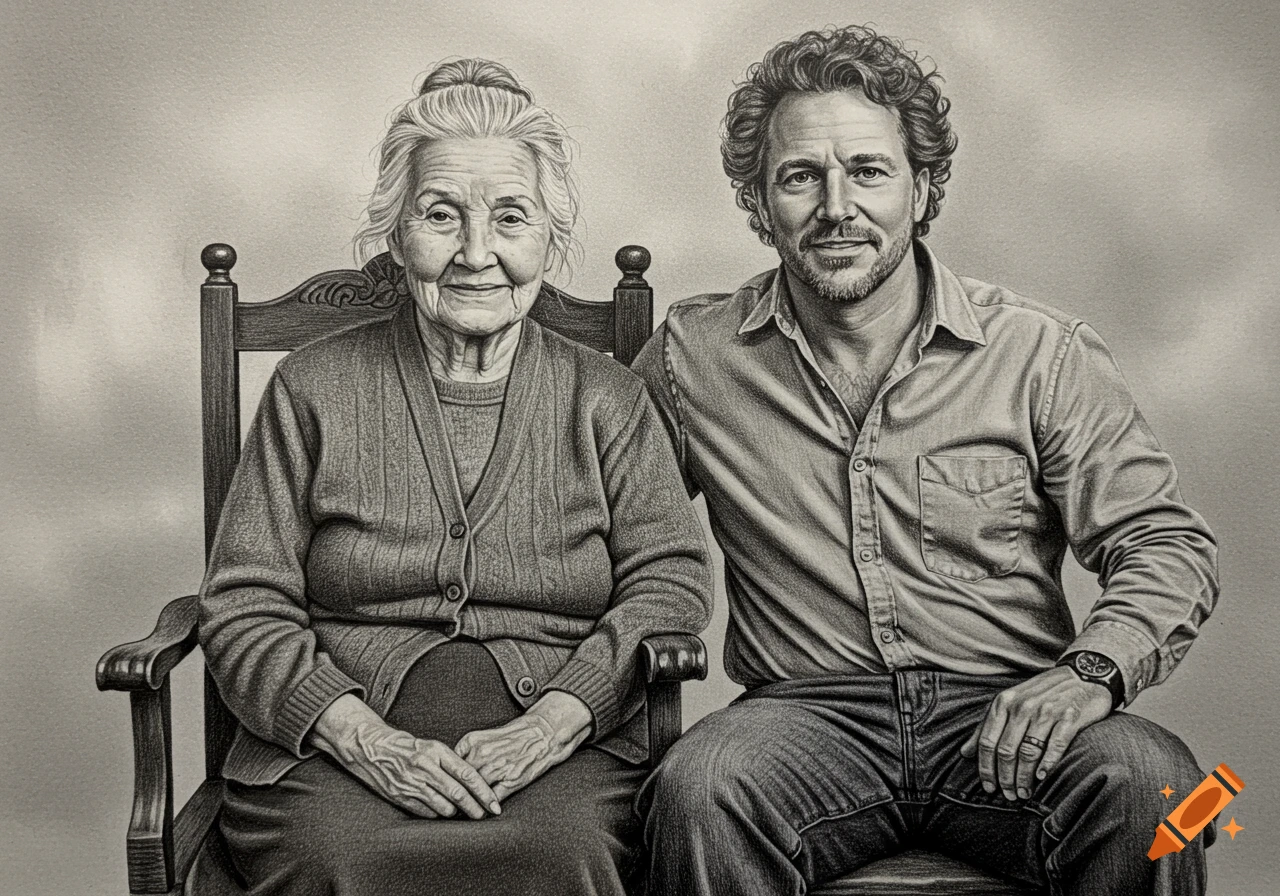 A detailed pencil drawing of an elderly woman with a bun and a middle-aged man with curly hair, sitting side-by-side and looking at the viewer.