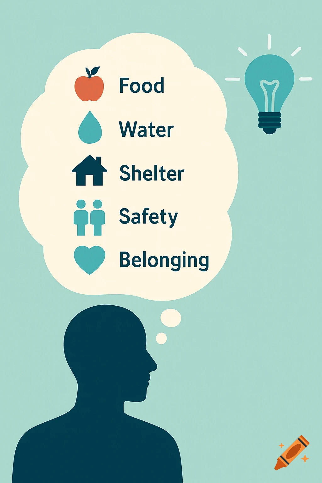 Infographic of a person's silhouette with a thought bubble listing basic needs (Food, Water, Shelter, Safety, Belonging) and a lightbulb icon.