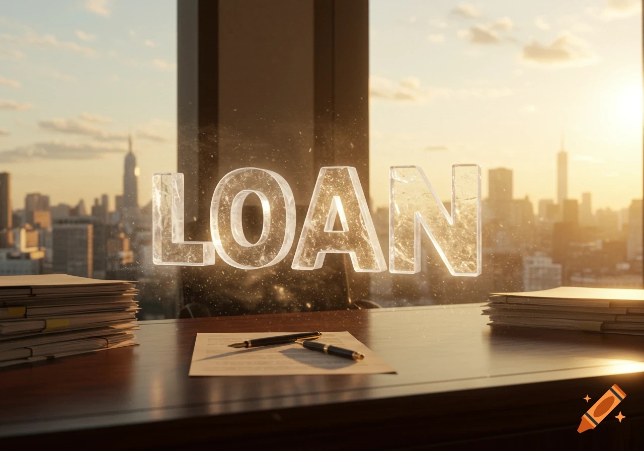 Glowing 'LOAN' text floats above an office desk with papers and pens, overlooking a sunset city skyline.