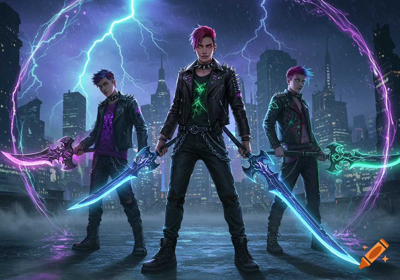 Three K-pop style demon hunters with vibrant hair and edgy outfits wield glowing swords in a futuristic city under a lightning storm.
