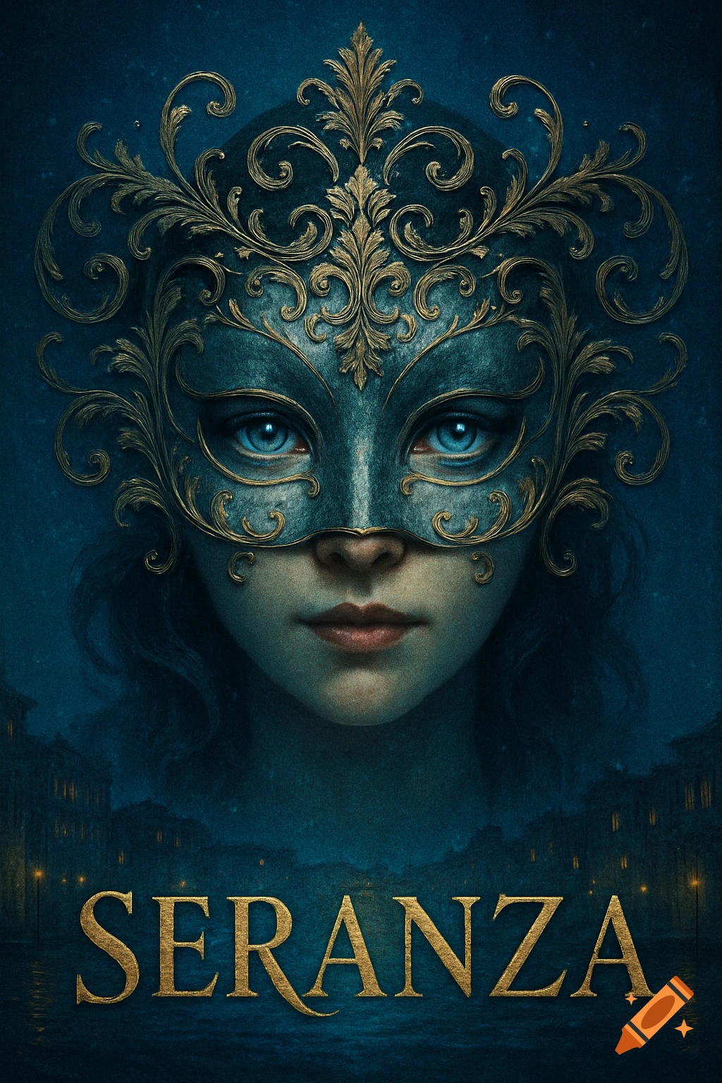 A woman wears an ornate teal and gold Venetian mask, revealing piercing blue eyes. Golden 'SERANZA' text at the bottom. Dark blue atmospheric background with subtle city lights.