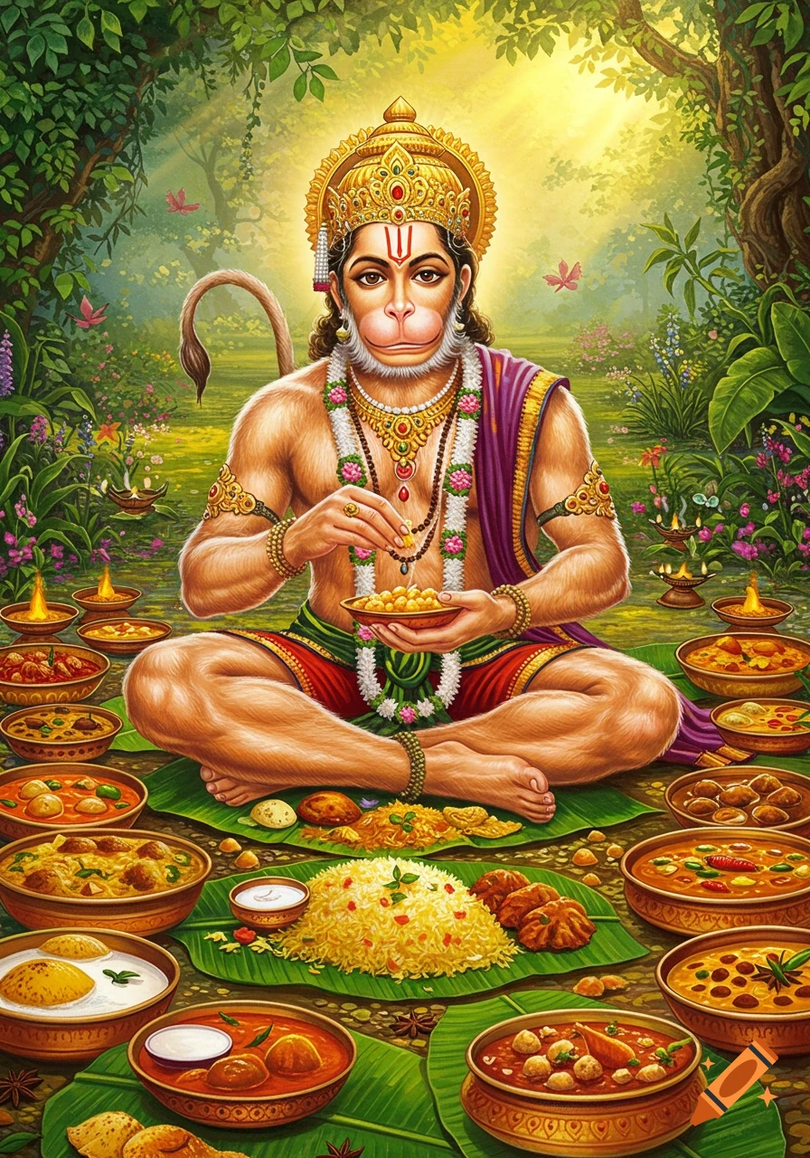 Lord Hanuman sits cross-legged in a vibrant, lush forest, eating from a plate amidst many bowls of traditional Indian food on banana leaves.