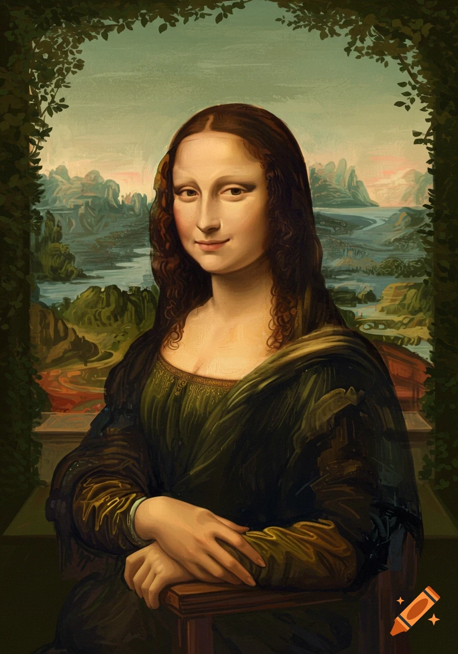 Classical painting of Mona Lisa, a woman with a faint smile, seated against a landscape backdrop, framed by foliage.