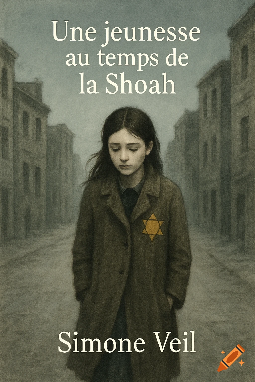 Illustration of a somber girl in a coat with a yellow star on a gray street, book cover for "Une jeunesse au temps de la Shoah" by Simone Veil.