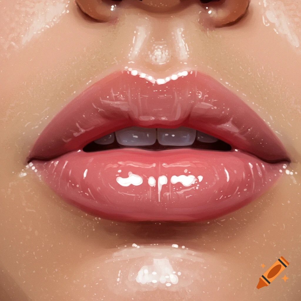 Close-up digital painting of glossy pink lips with subtle moisture and light reflections.