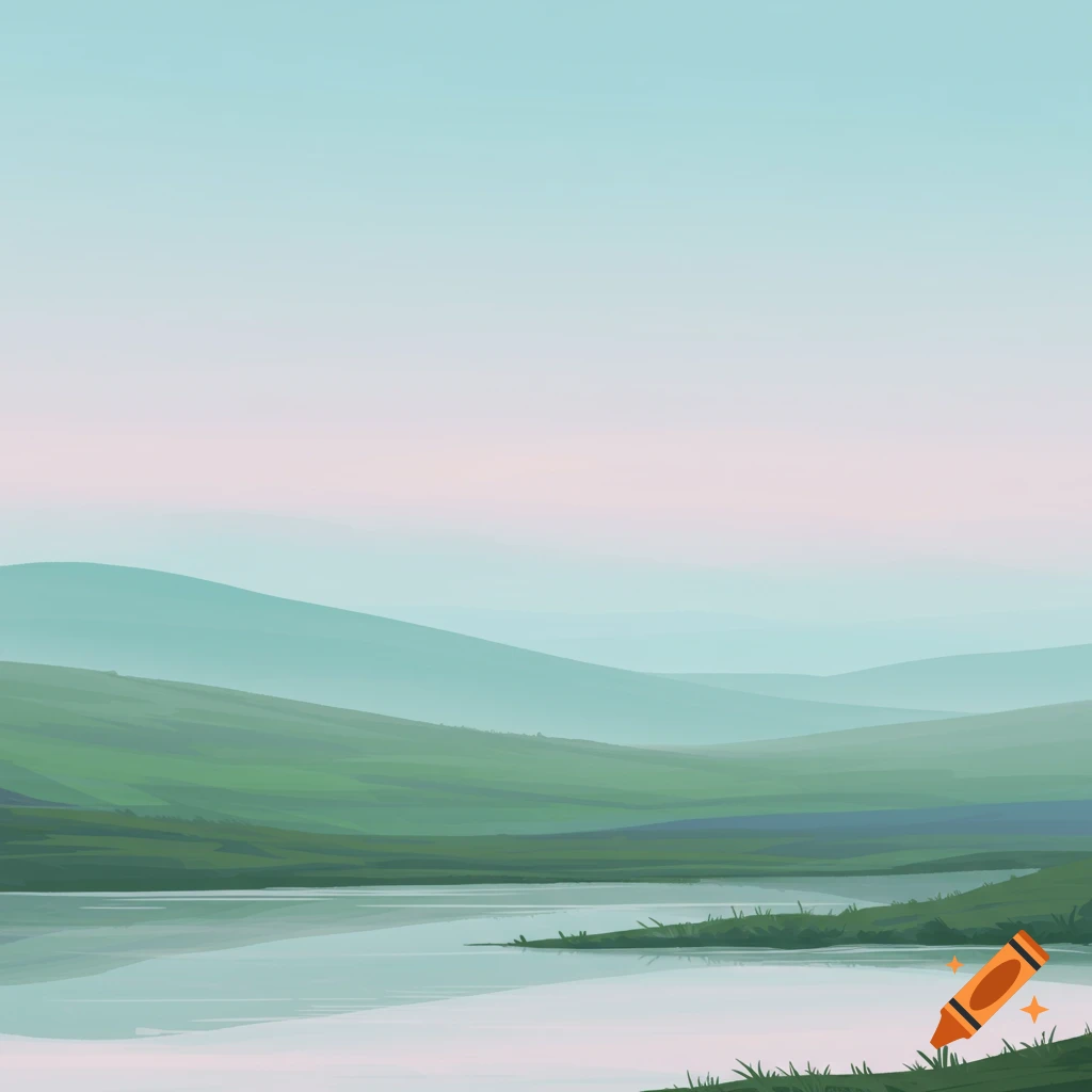 Illustrated serene landscape with green rolling hills, a calm lake, and a light blue and pink sky.