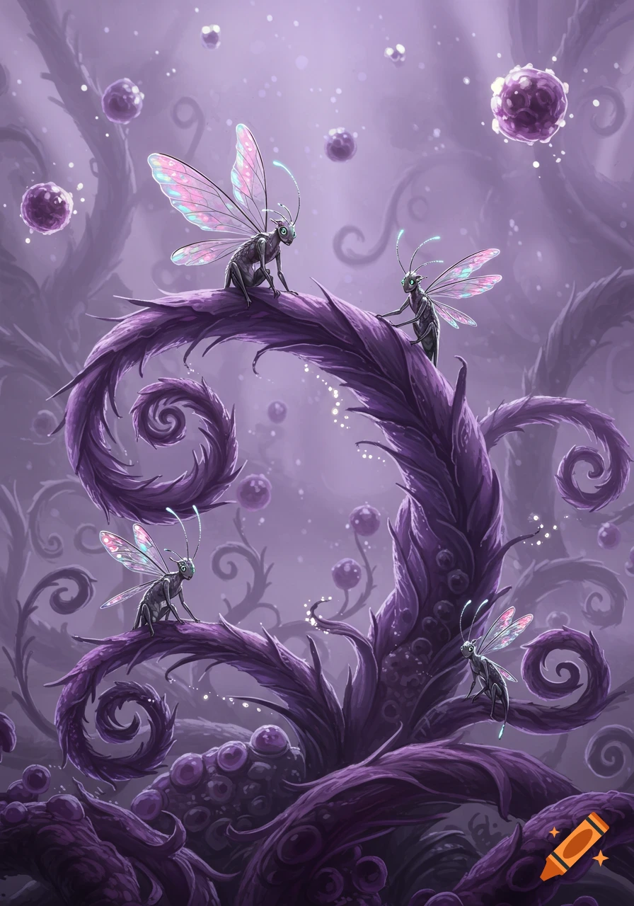 Fantasy insects with iridescent wings perch on a swirling purple plant in an otherworldly scene.