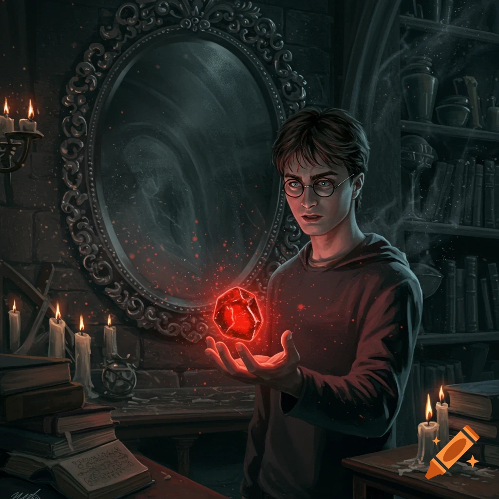 A young man with glasses, resembling Harry Potter, holds a glowing red polygonal stone in his open palm. He stands in a dimly lit, dusty room with an ornate mirror, candles, and shelves of books in this detailed digital painting.