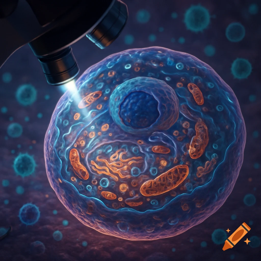 Detailed, stylized illustration of a cell under a microscope, illuminated by blue light, with internal organelles in orange and blue.