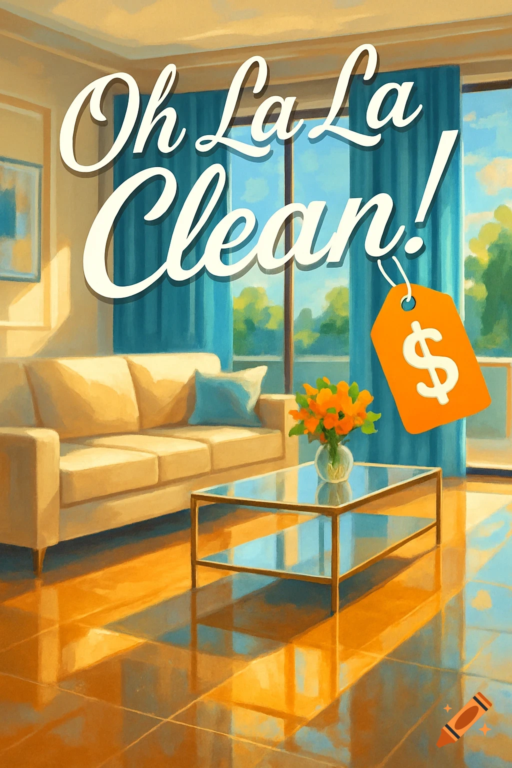 A bright, painterly image of a clean living room with a cream couch, glass coffee table, and blue curtains, displaying text 'Oh La La Clean!' and a price tag.