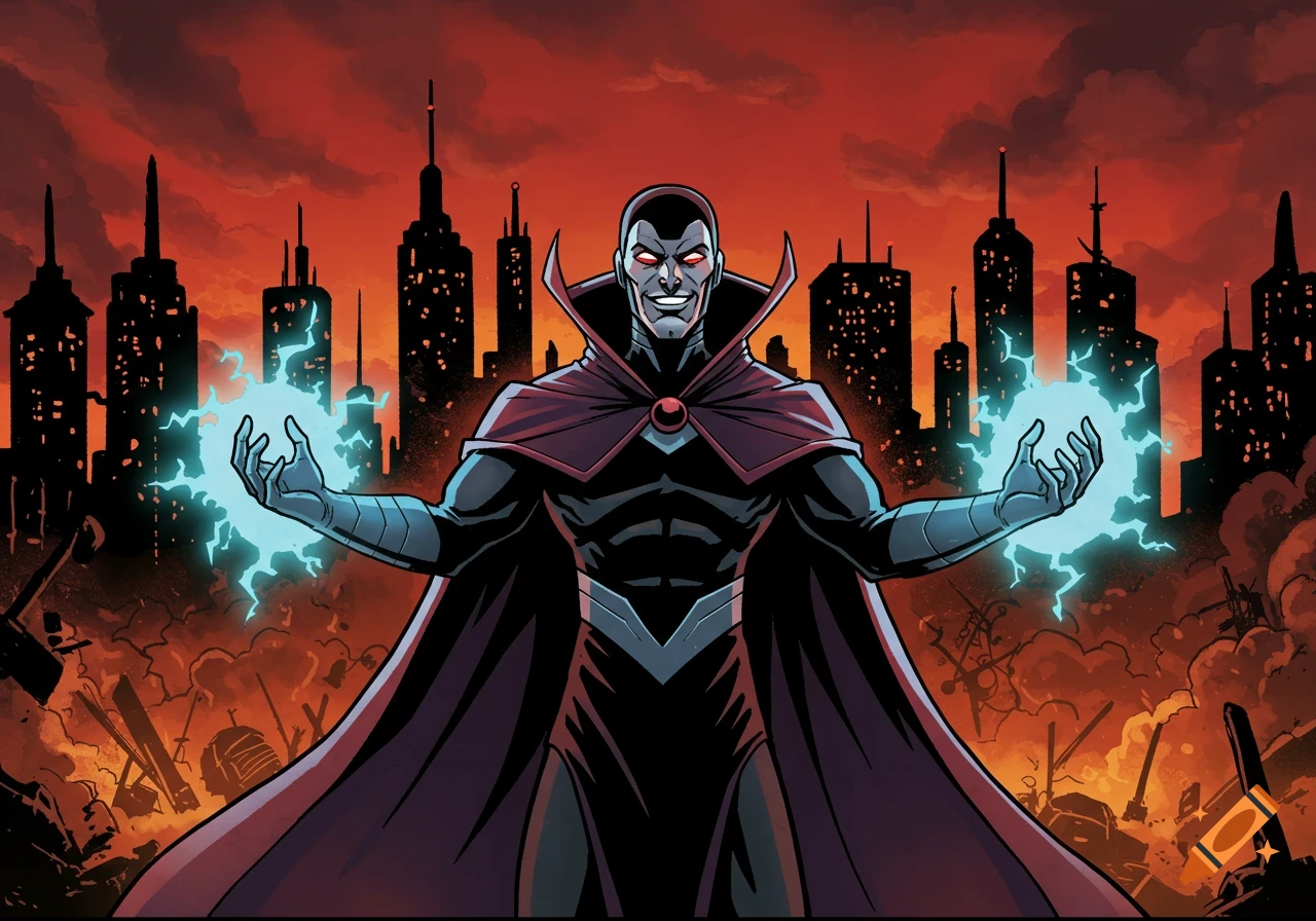 A comic-style supervillain with red eyes and a dark cape, wielding blue lightning, stands over a destroyed city under a red sky.