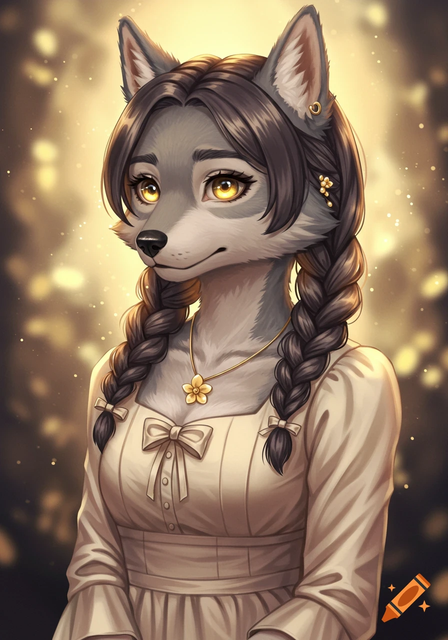 Digital illustration of an anthro wolfdog woman with dark braids, golden eyes, wearing a cream dress and a flower necklace, against a glowing, blurred background.