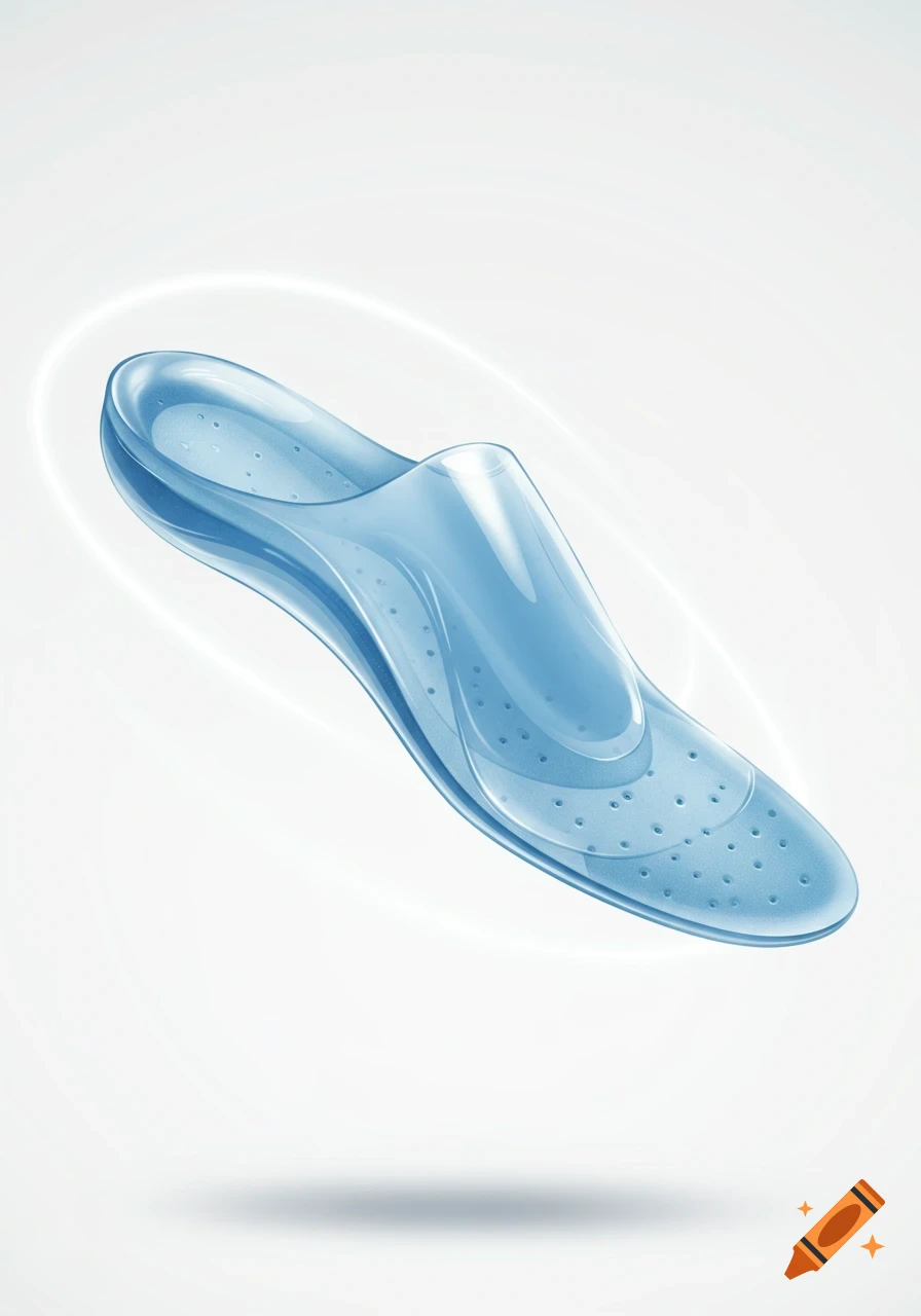 Translucent light blue orthopedic insole with small perforations, on a clean white background with a soft white glowing outline.