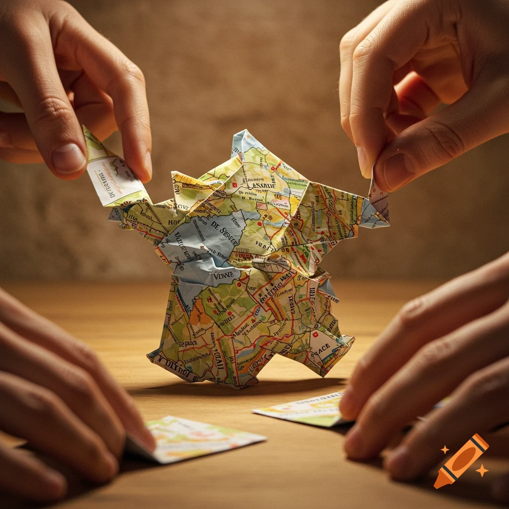 Hands carefully folding a crumpled paper map into an origami sculpture on a wooden surface.