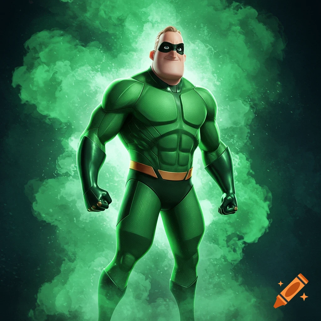 Mr. Incredible in a muscular green superhero suit with a black mask, standing against a swirling green smoke background.