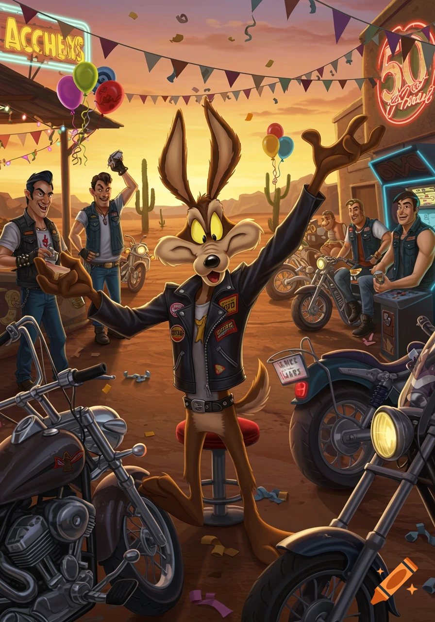 Wile E. Coyote in a biker jacket celebrates his 50th birthday with anthropomorphic biker and gamer friends in a vibrant desert landscape at sunset, surrounded by motorcycles and festive decorations.