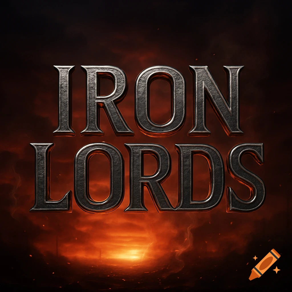 Metallic 'IRON LORDS' text with a fiery, glowing background.