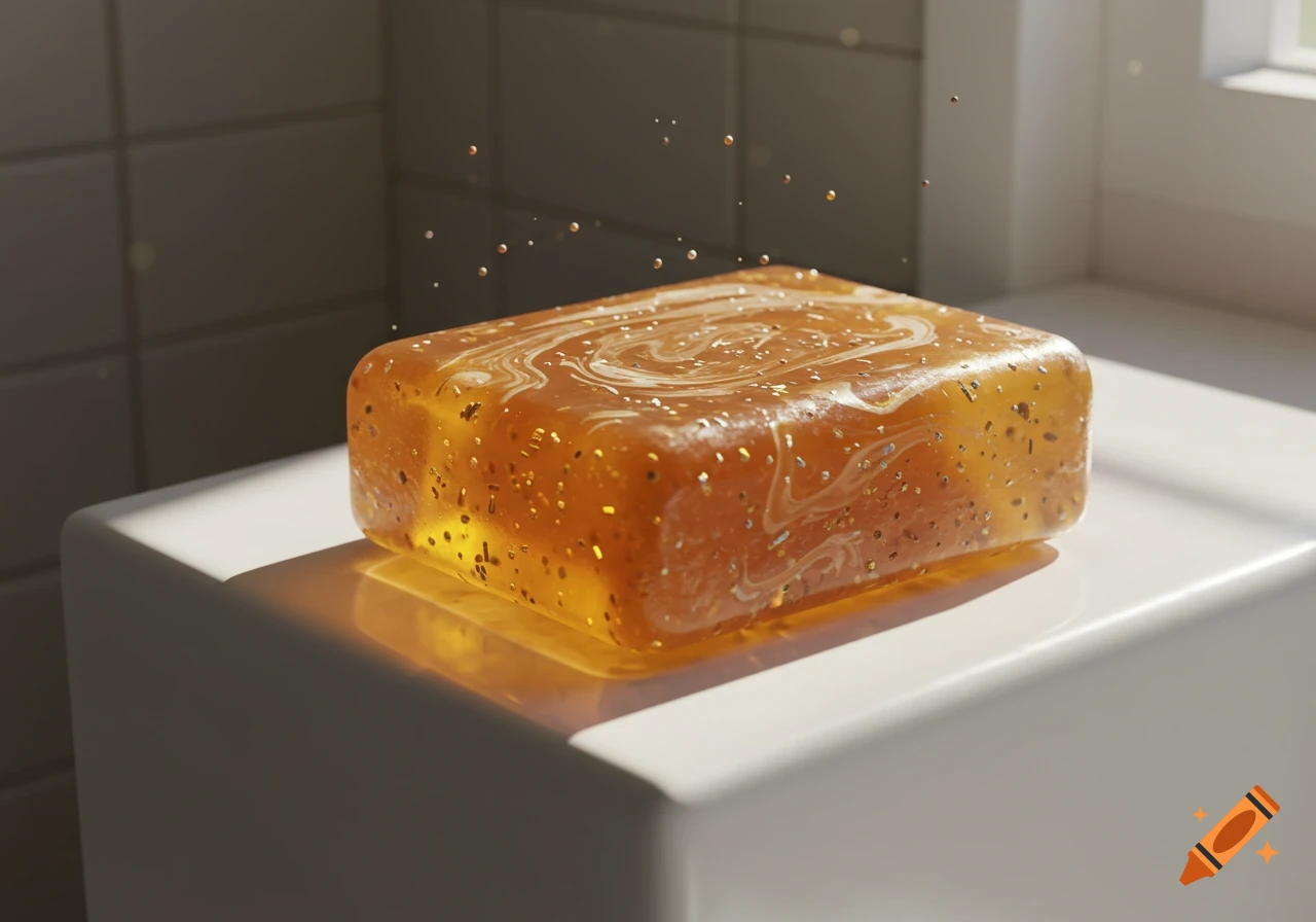 Photorealistic image of a translucent amber soap bar with golden glitter on a white surface, lit by sunlight.