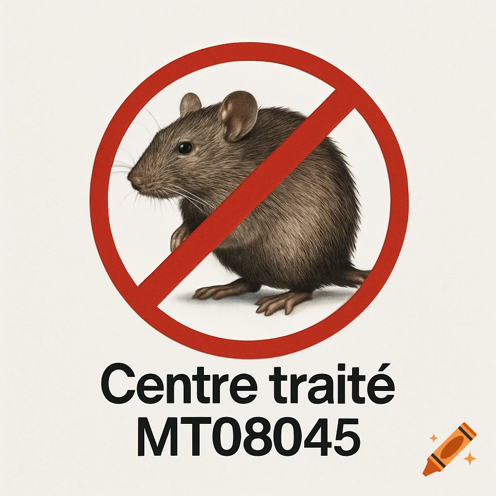 A graphic illustration of a brown rat within a red prohibition circle. Below, the text reads "Centre trait é MT08045".