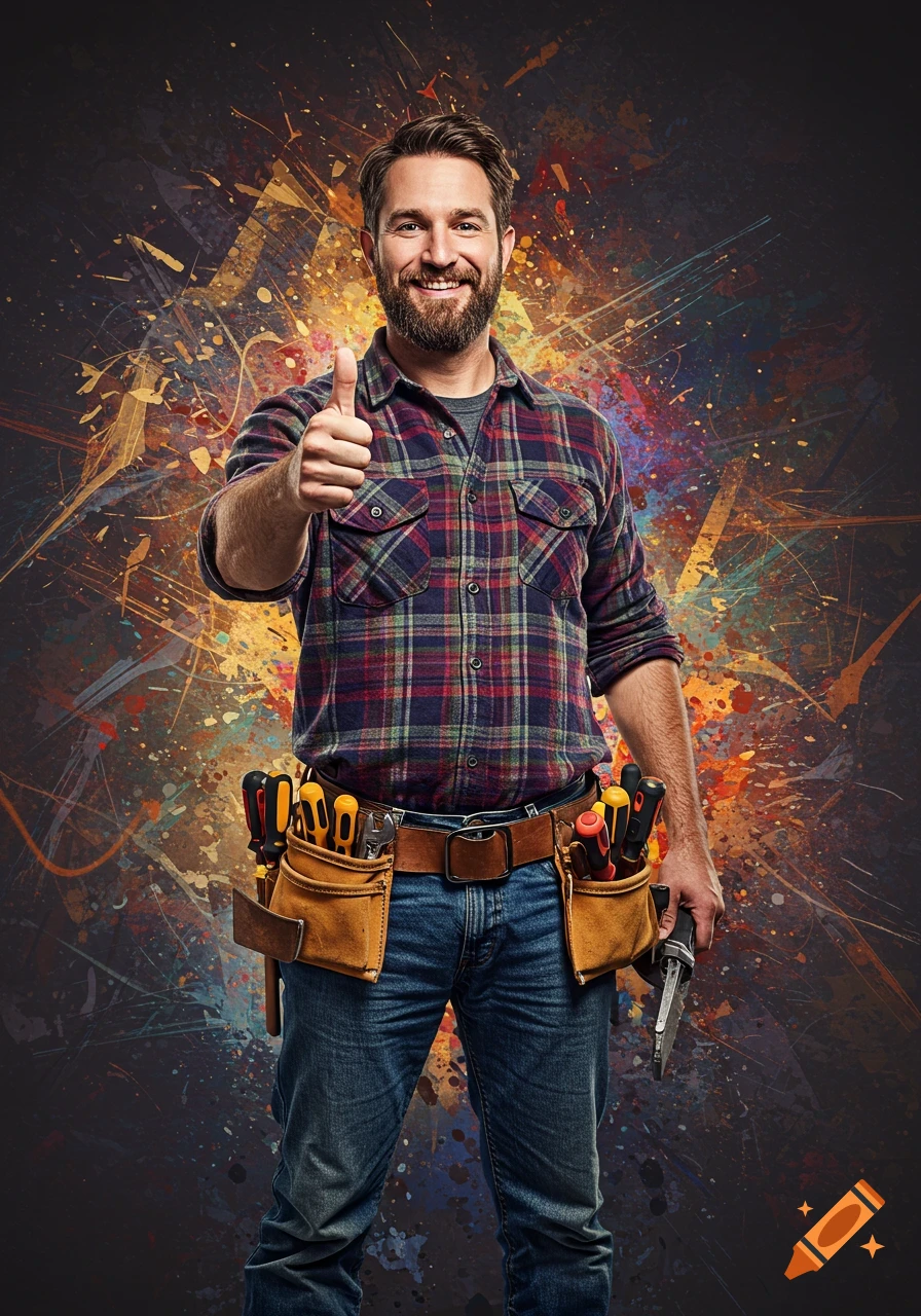 A smiling handyman in a flannel shirt, blue jeans, and tool belt gives a thumbs up against an abstract, colorful background.