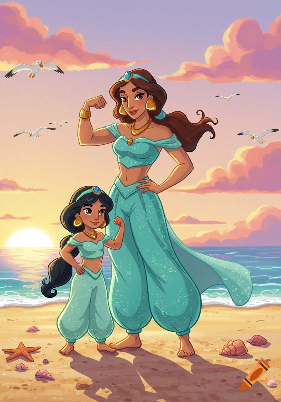 Cartoon illustration of Disney's Jasmine and her mother flexing muscles on a sandy beach at sunset with seagulls.
