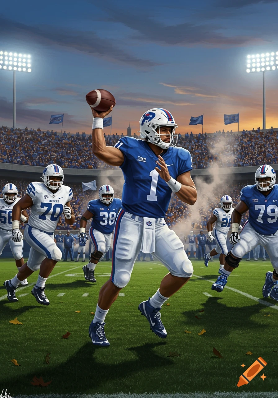 A dynamic illustration of an American football quarterback in a blue jersey throwing the ball, with other players running on a stadium field at dusk.