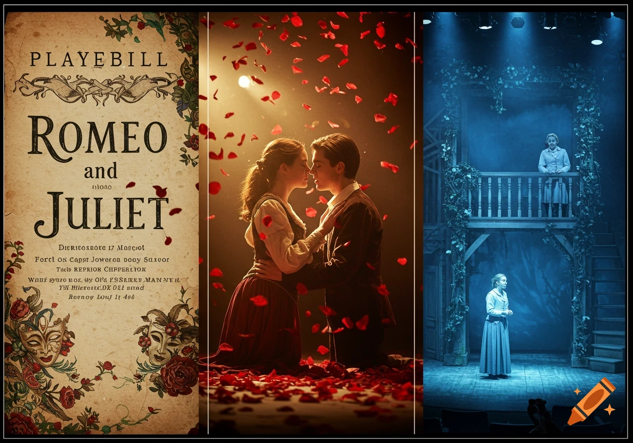 A three-panel image: left shows a vintage 'Romeo and Juliet' playbill, middle depicts Romeo and Juliet embracing under falling rose petals, right shows Juliet on a balcony and another character below, on a stage set.