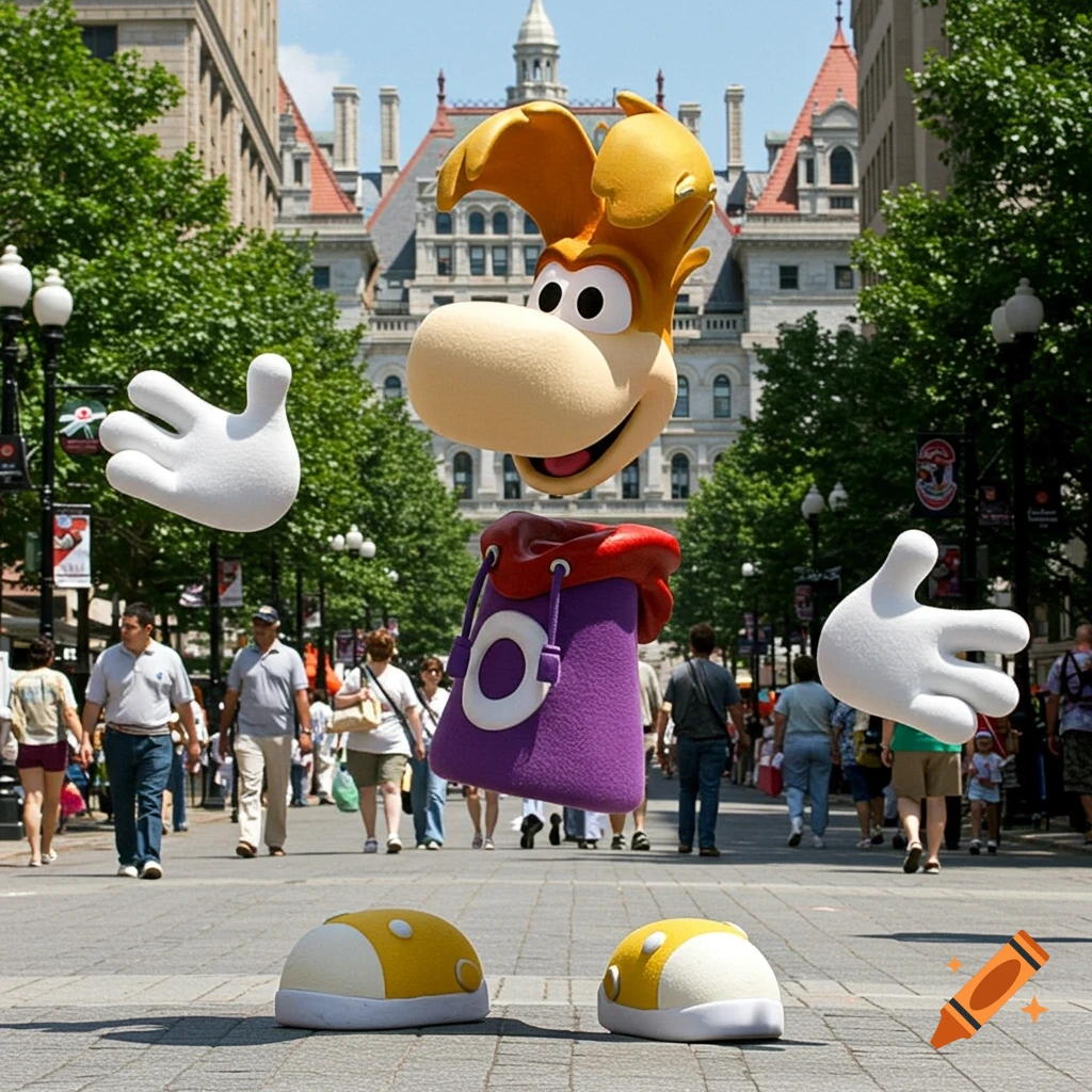 Rayman, a cartoon character with a large head, floating hands, torso, and feet, hovers over a busy city street on a sunny day.