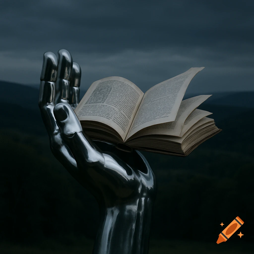 A large chrome metallic hand holding an open book against a dark, moody landscape with a cloudy sky.