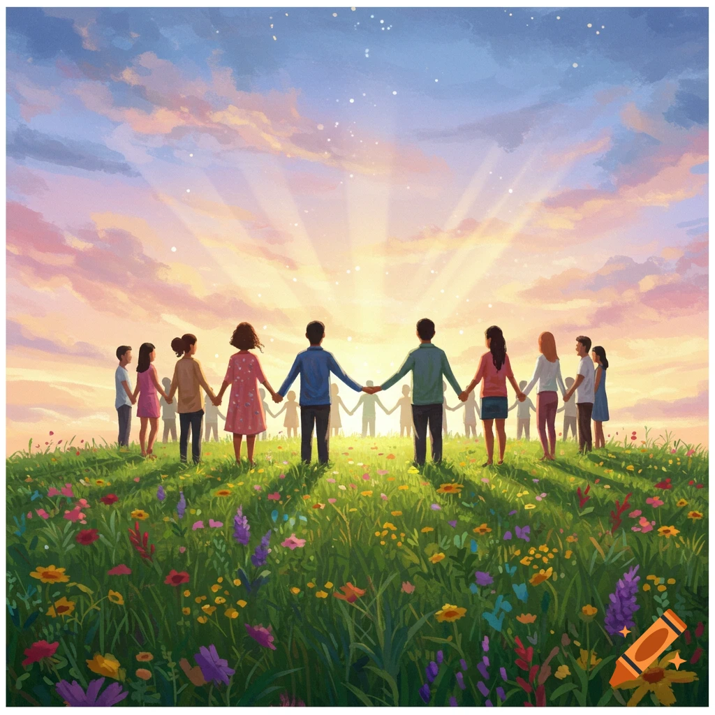 Painting of diverse people holding hands in a circle on a flowery hill, facing a glowing sunrise.
