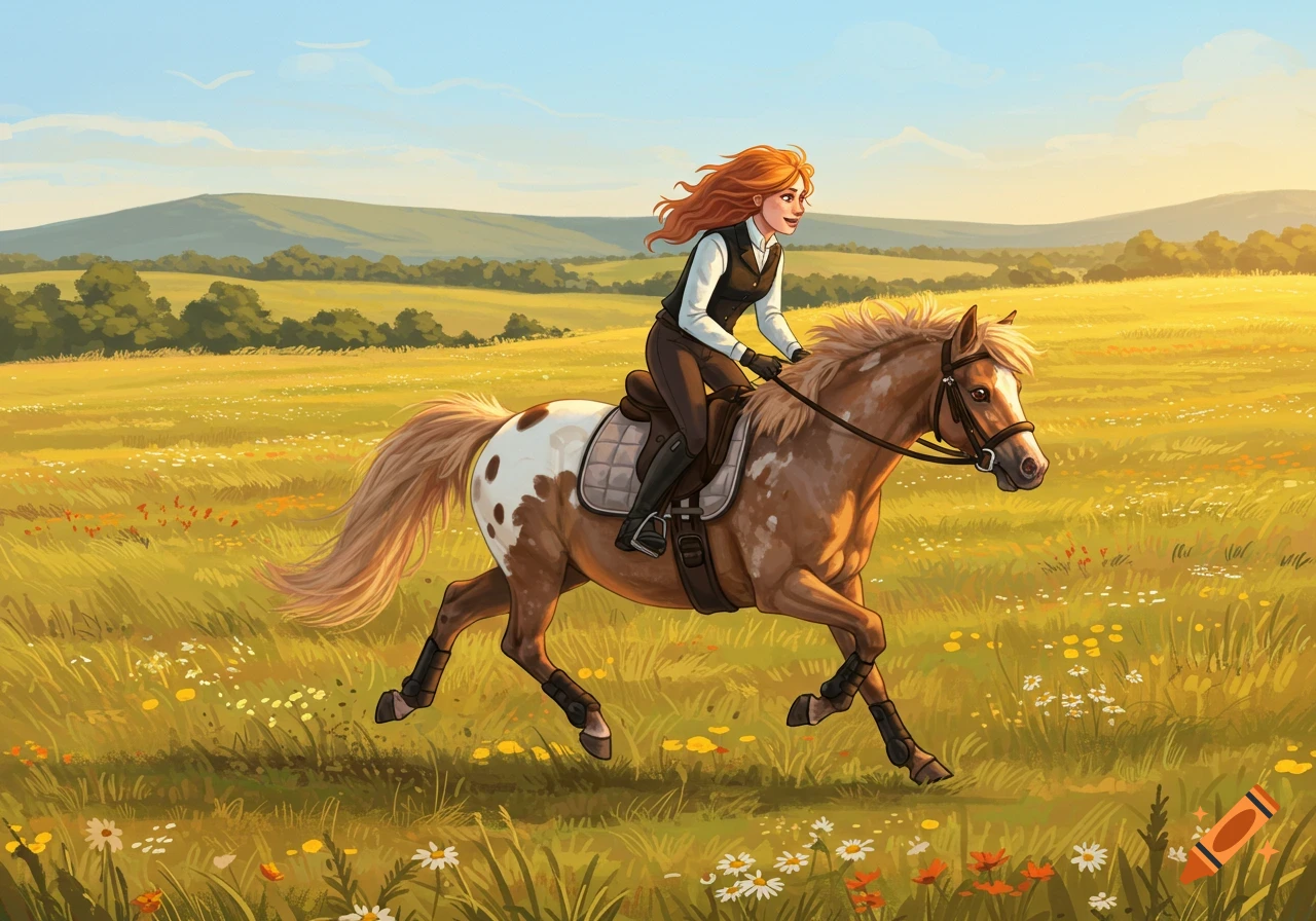 An illustration of a red-haired woman riding a spotted pony through a sunny wildflower field.