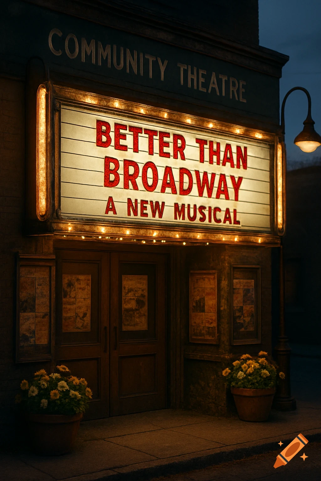 A dimly lit community theatre marquee at night reads 'Better Than Broadway: A New Musical', with potted flowers on the sidewalk.