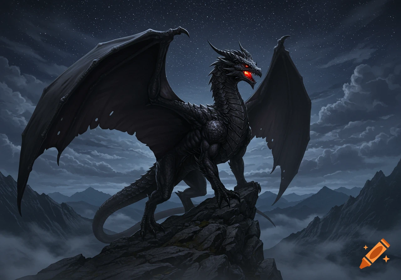 A majestic black dragon with glowing red eyes and large wings stands on a rocky mountain peak at night, under a starry sky with clouds.