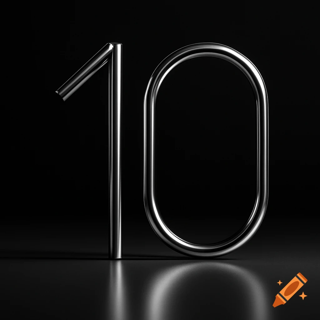 A shiny metallic number 10 stands on a reflective dark surface against a black background.